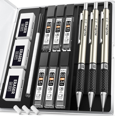 Nicpro 3 Stück Metall Druckbleistift Set, Kunst Bleistifte 0.5 Mm Mit 6 Dosen HB