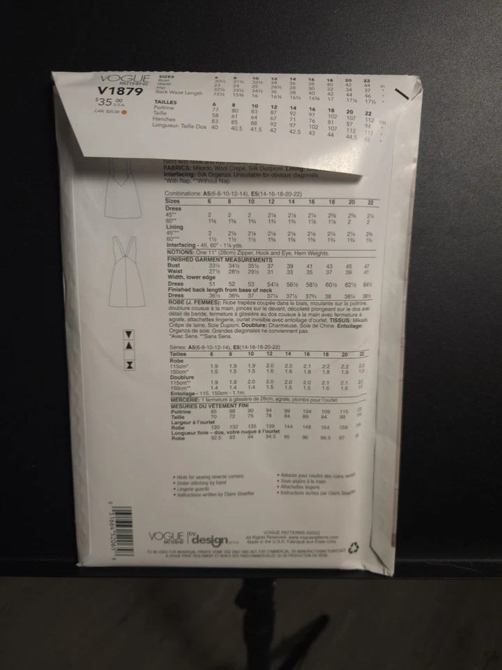 Vogue V1879 Sewing Pattern Misses' Dress Claire Shaeffer Size A5 size 6-14 UNCUT - Image 2 of 3