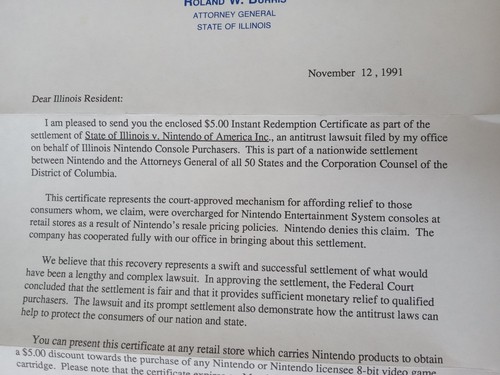 1991 Nintendo Lawsuit Instant Settlement $5 Certificate w envelope paperwork IL - Picture 7 of 8