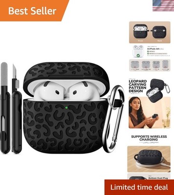 Elegant Black Leopard Silicone Case for AirPods 4 - Includes Keychain & Cleaner