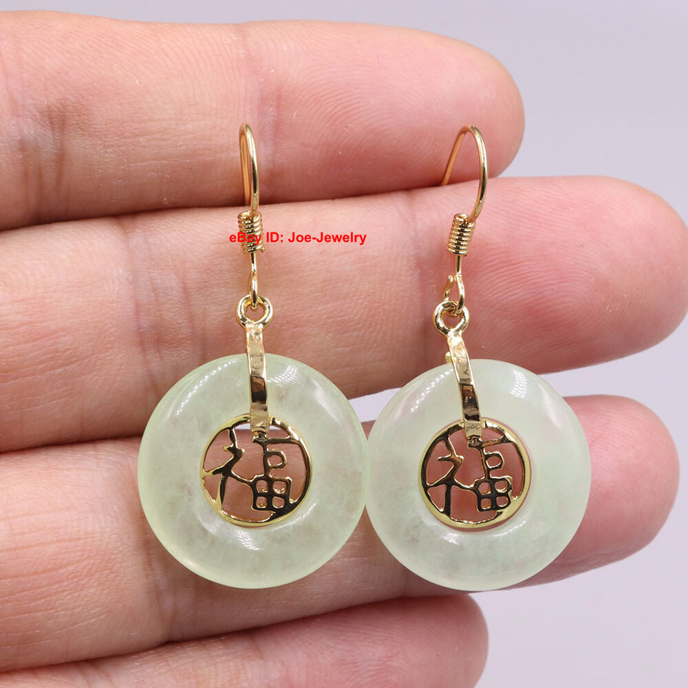 New Arrival Gold Plated Green Jade Dangle Earrings with Heating Alloy Circle – Perfect Gift 福  