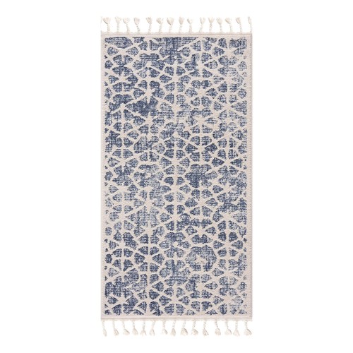 Teppich Art Skandi Look Blau Creme Kurzflor Fransen Wohnzimmer Schlafzimmer Flur - Bild 23 von 35