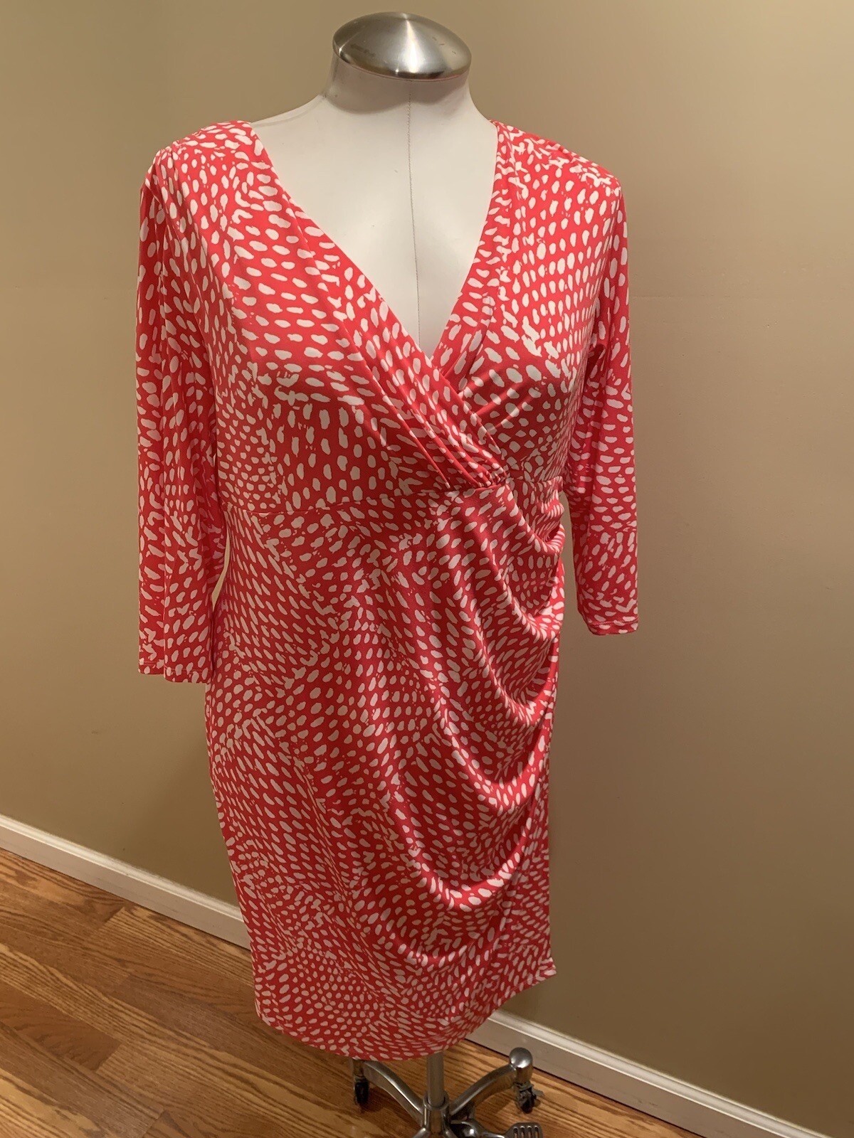 Dressbarn Coral And White Paint Splash Print Dress Wo… Gem