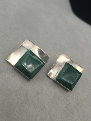 Boucles D'oreilles Clips Vintage En Argent Sterling 925 - Malachite Verte - Taxco Mexico - Occasion