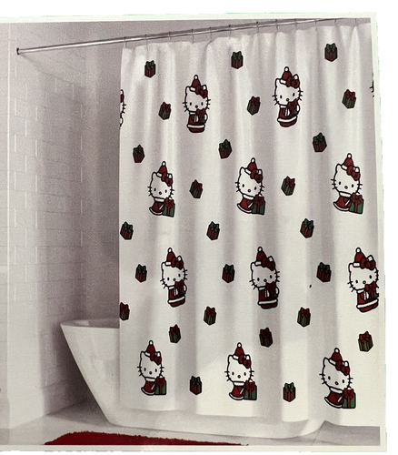 Hello Kitty Christmas Wreath Shower Curtain – 70x72 Inches, 100% Cotton, Pink Gradient