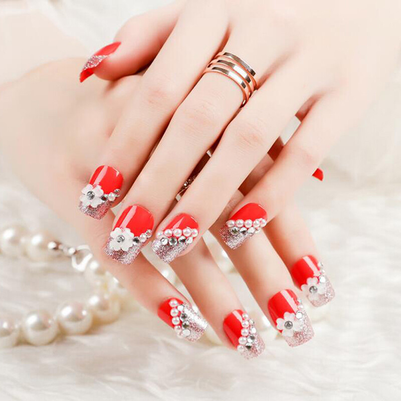 24pcs Red Flower Fake Nails Art Tips Nail False Full Cover Manicure