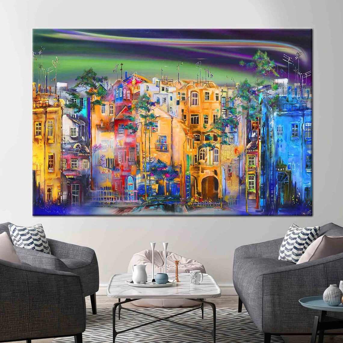 Street Colorful Oil Painting View City Unframed Canvas Print Australian Wall Art