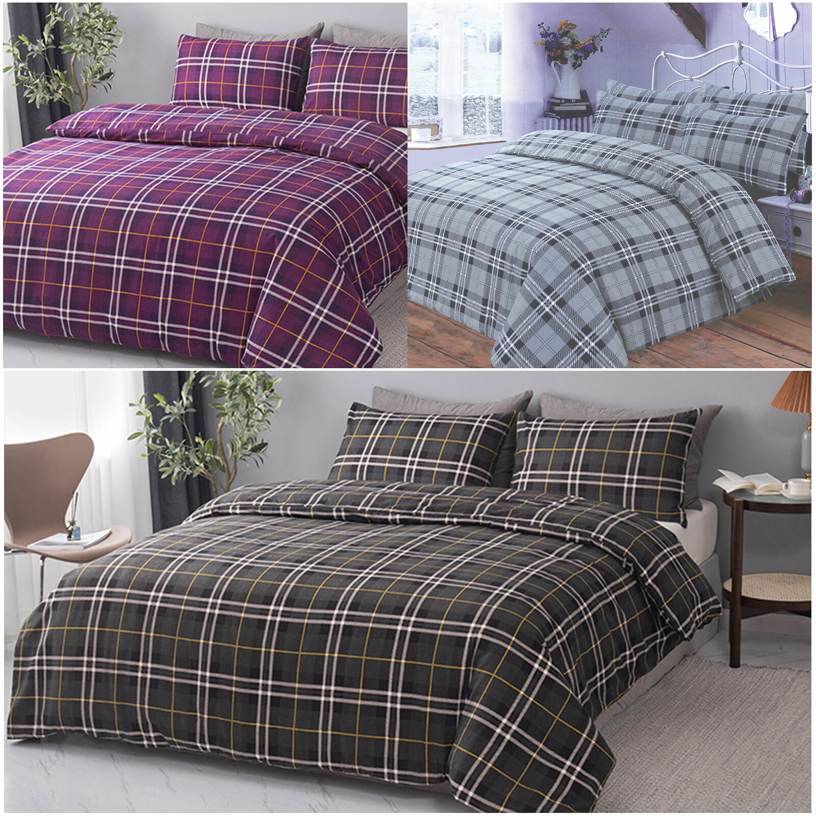 Flannelette 100 Brushed Cotton Tartan Check Duvet Quilt Cover Warm