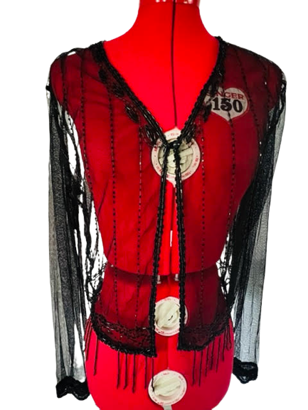 Vintage Sheer Gothic Black Net Beaded Jacket Cardigan Top Blouse Fringe  Small S