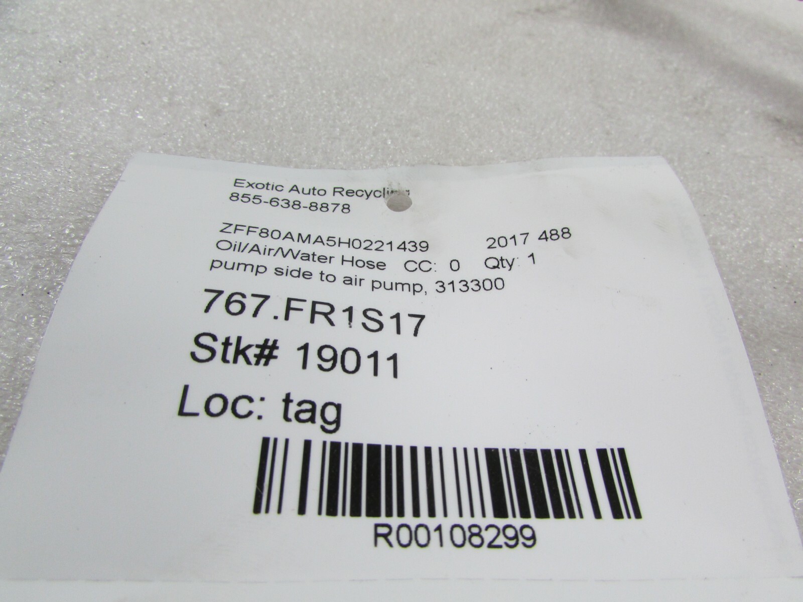 Ferrari 488, Air Pump Side Hose, Used, P/N 313300