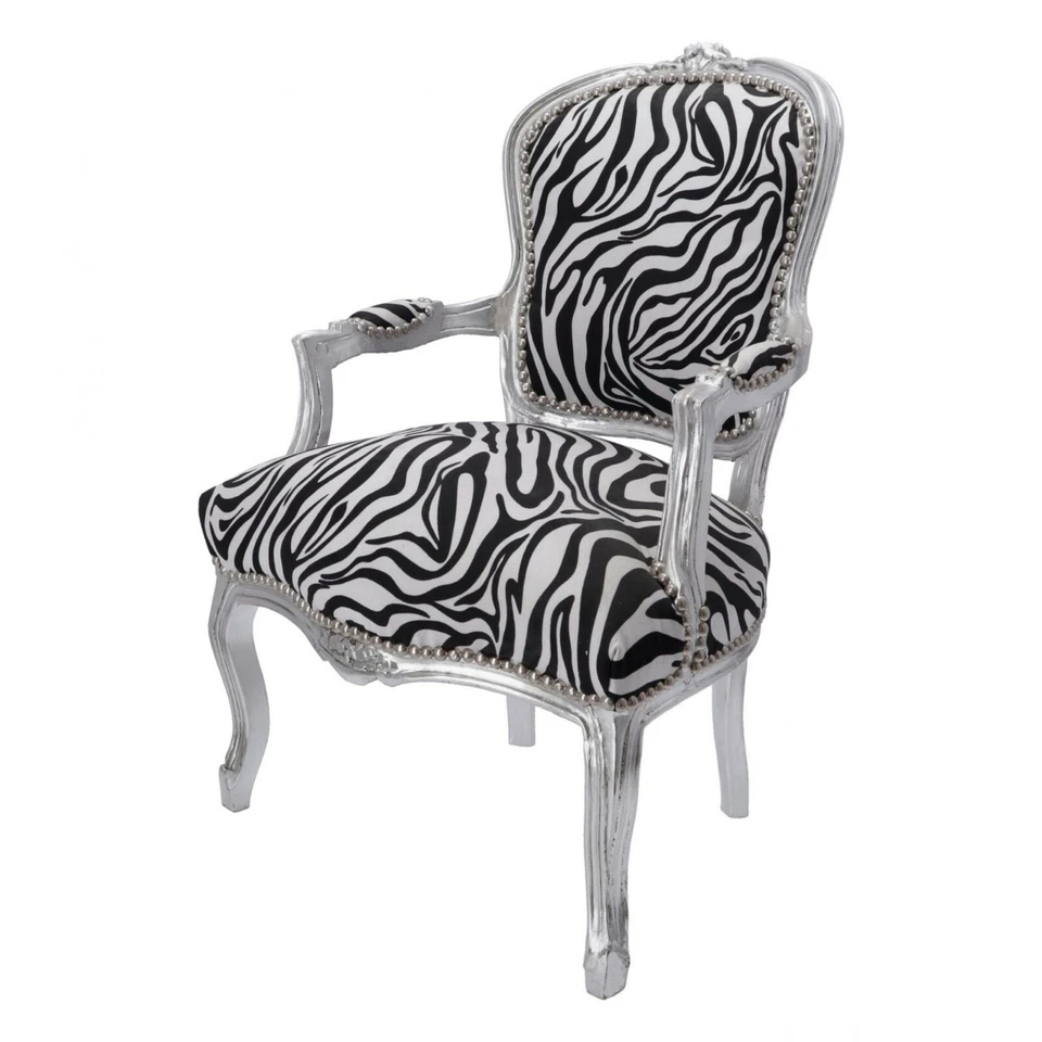 Poltrona Sedia in legno foglia argento con braccioli e tessuto zebrato - Immagine 2 di 4
