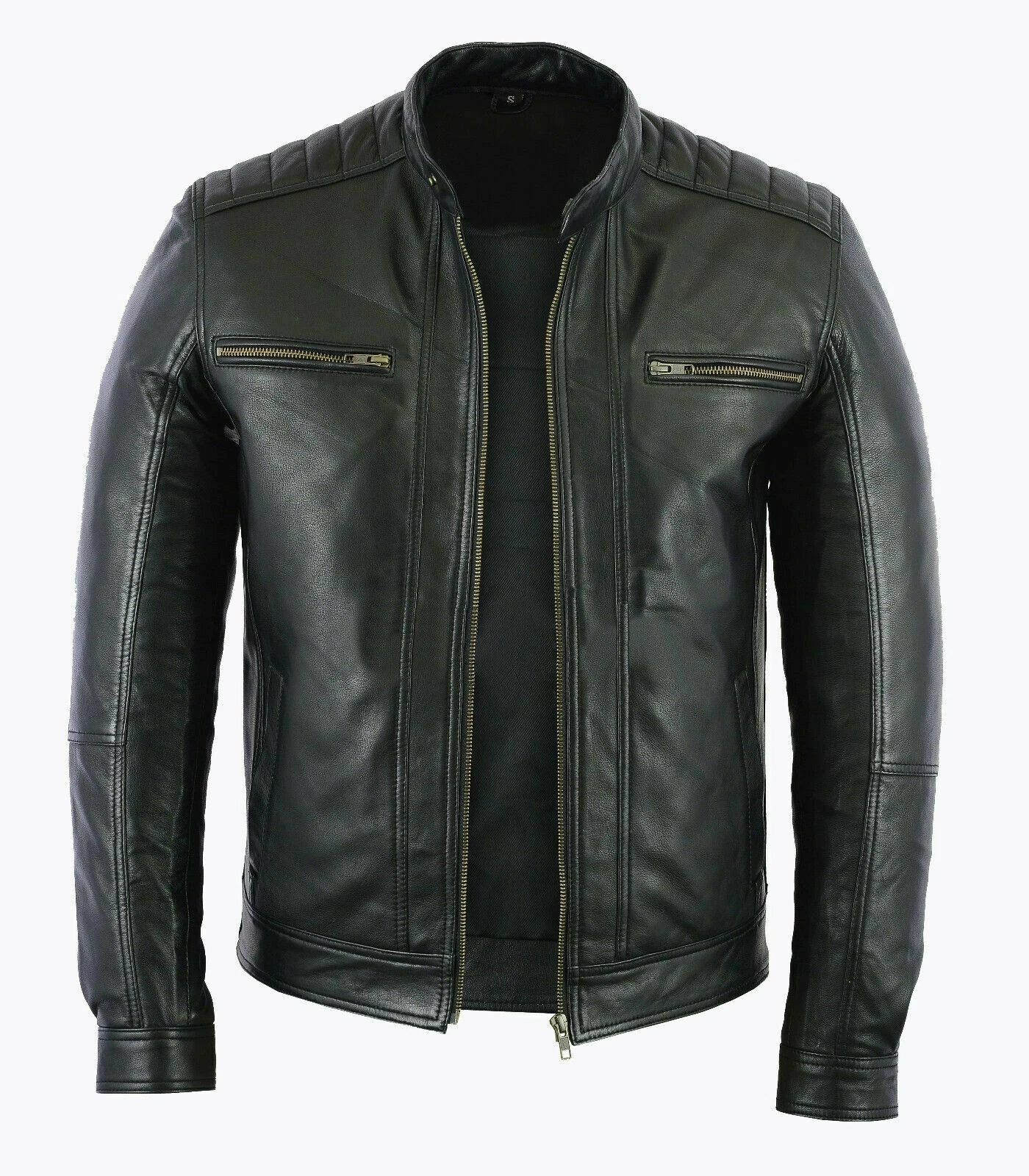 Real Leather Biker Style Fashion Jacket With Design On Shoulder Top Grain