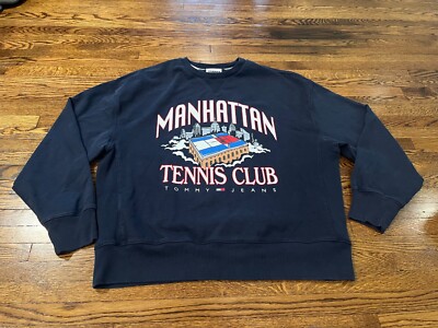 Tommy Jeans Sweatshirt Men M Blue Manhattan Tennis Club Preppy Sports Crewneck