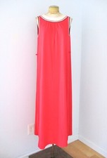 Vtg 60s 70s Light Cherry Red Silky Nylon Long Nightgown Blue White Stripe S/M