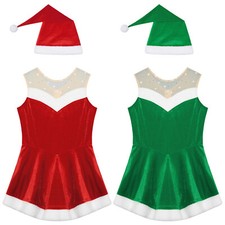 Kids Girls Dance Dress Sequins Santa Claus Outfit 2Pcs Christmas Costume Show