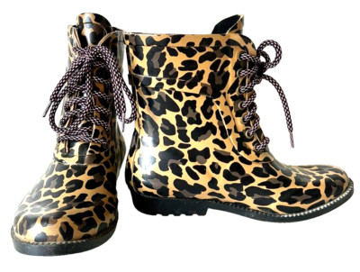 J Crew Rain Boots Womens Size 7 Animal Print Leopard Rubber Sole Lace Up VGUC