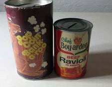 Vintage 80s Can Bank Duo PopCorn and Chef Boyardee Ravioli