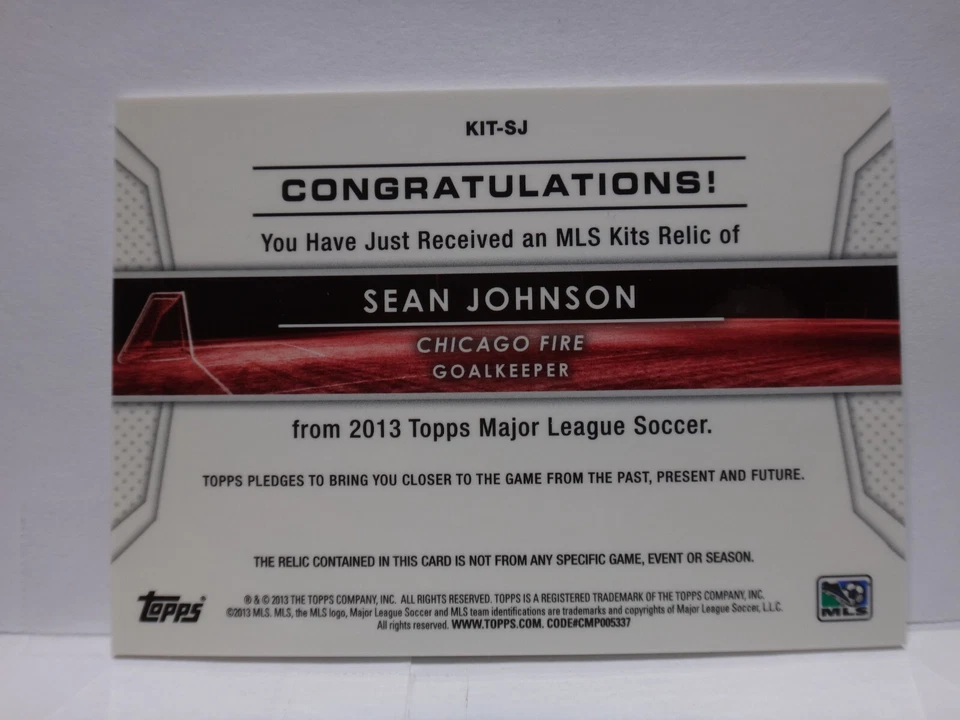 2013 Topps MLS Kit Relics Sean Johnson #KIT-SJ - Image 2 of 2