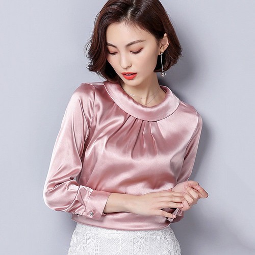 Vintage-Women-039-s-Satin-Silky-Shirt-Long-Sleeve-Shiny-Pleated-Blouse-Pullover-Tops
