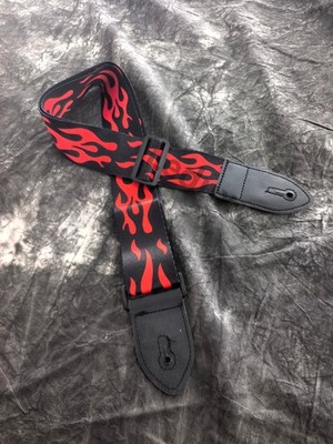 Red Flame Print Guitar Strap Adjustable for All Bass Rock Guitar PU Leather Ends