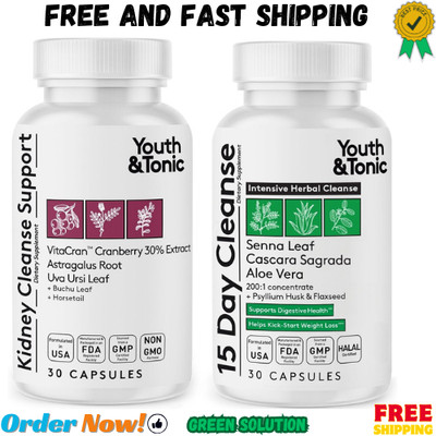 Youth & Tonic 15 Day Colon & Kidney Cleanse   Full Body Detox Pills for Bloat...