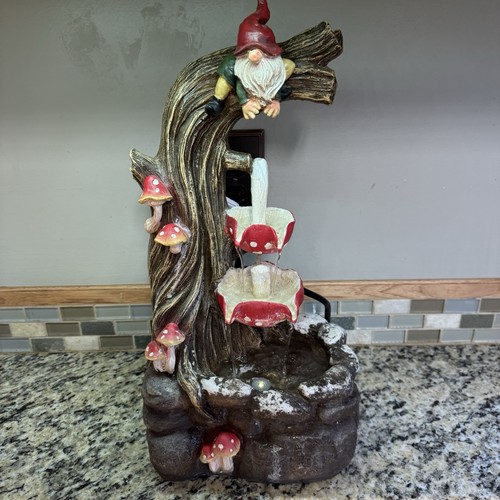 Gnome & Mushrooms Indoor Resin Electric Lighted Water Fountain 18” ~ TESTED