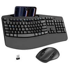 Wireless Keyboard and Mouse Combo, 2.4G Full Size Wave Keys Ergonomic Keyboard w