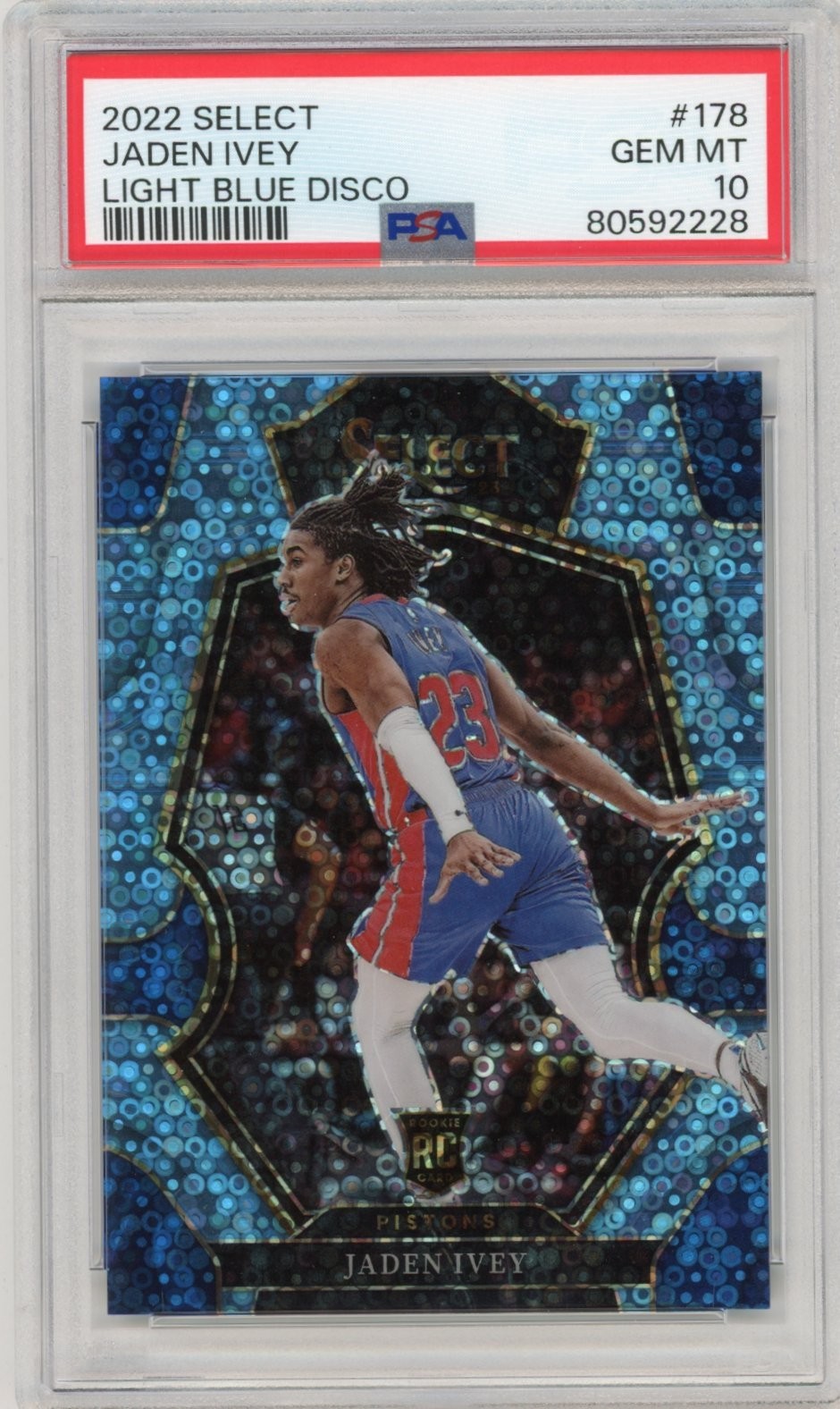 2022 SELECT RC JADEN IVEY LIGHT BLUE DISCO PRIZM 178 PISTONS PSA 10 GEM MINT /99