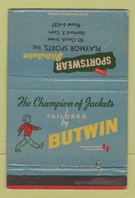 Matchbook Cover - Butwin Sports Wear Playmor Hartford CT 40 Strike