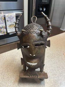 1960s Nigerian Cast Bronze Tribal Mask w/ Horns • 8in Vintage Wall Art