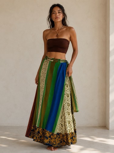 Earthbound Wrap Maxi Skirt Boho Festival Patchwork Reversible 1 size Sustainable