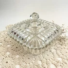 Vintage Candy Dish with Lid Square Clear Glass Scalloped Candle Vessel