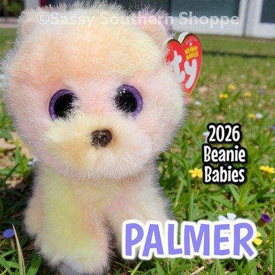   PALMER   2026 Ty Beanie Babies Yellow & Pink POMERANIAN DOG 6'' Baby *MWMT*