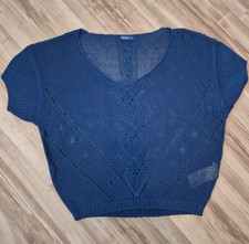 okay Damen Strickpullover blau Lochmuster V-A...