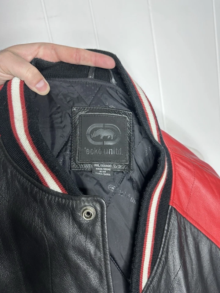 Ecko Unltd Genuine Leather Jacket Bomber Varsity - ‘72 Red Black Snap Size 3XL - Image 3 of 4