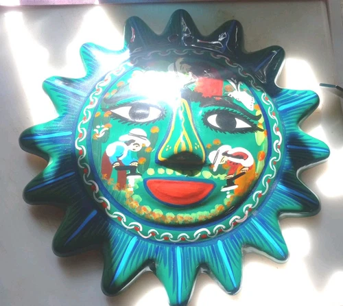 Hand Crafted Art Pottery Terracotta Sunshine Face Wall Plaque