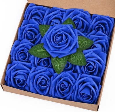 BLEUM CADE 16Pcs Artificial Flowers Fake Roses with Stems, 16Pcs, Royal Blue 