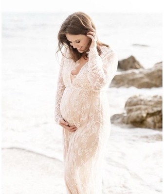 White Lace Floral Maxi Maternity Dress Long Sleeve V Neck Boho Photo Shoot  | eBay