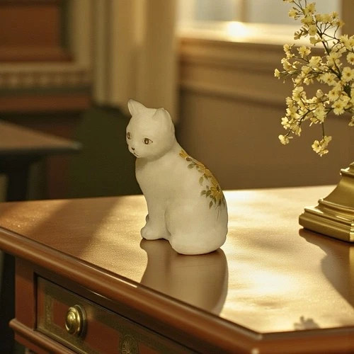 Fenton Cream Custard Satin Glass Cat Hand Painted Floral Signed Figurine Vintage