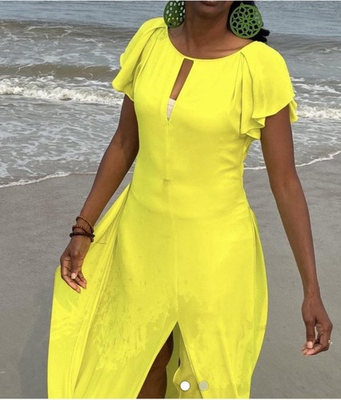 #ad Women#x27;s Yellow Solid Maxi Dress Round Neck Cut Out Flutter Sleeve One Size $25.00