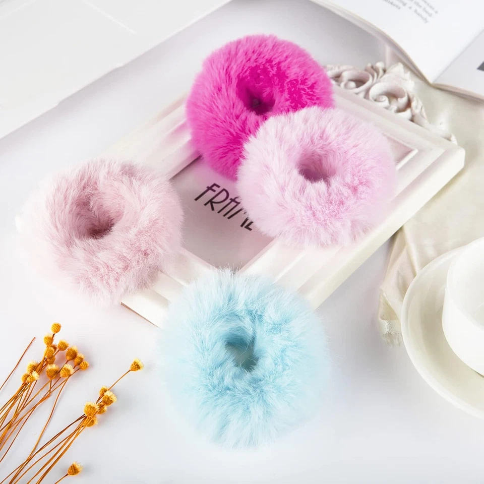 2 PCS Light Blue Pom Pom Hair Tie Fuzzy Scrunchies Furry Hair Bands with Faux Ra - Image 4 of 4