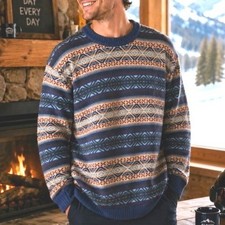 VTG Scandia Woods Nordic Cabin Blue Fair Isle Geometric Knit Oversize Sweater XL