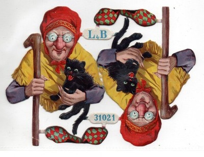 Alte Oblaten Glanzbilder Scraps Bogen 31021 Hexe Katze...  L&B  18,5x13,5cm Rar!