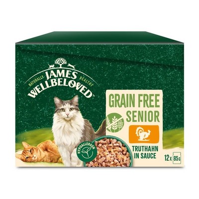 12 x 85g Katze Senior Portionsbeutel Nassfutter ohne Getreide, Truthahn in Sauce