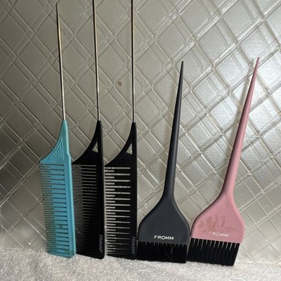 FRAMAR FROMM Rat Tail Combs & Hair Coloring Brushes Set Black Blue Pink Gray