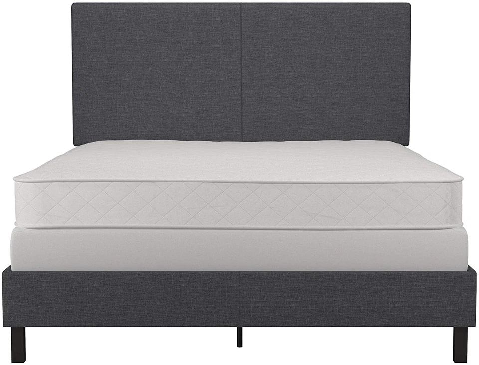Cama tapizada de tela de lino gris con diseño moderno elegante, tamaño completo Foto 4 de 4
