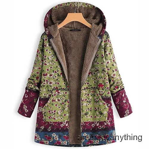 Mujeres Abrigo Floral de Vellón con Capucha Invierno Chaqueta Larga Parka Prendas de abrigo retro Talla Grande - Imagen 9 de 17