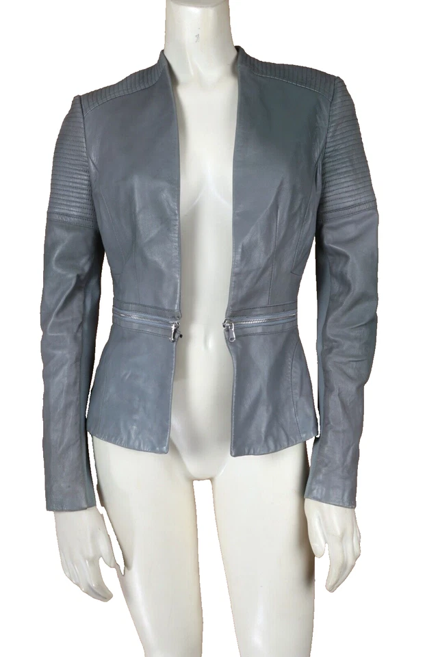 Chaqueta REBECCA TAYLOR Gris Cordero Cuero Cremallera Detallada Peplum Talla 0 Foto 2 de 4