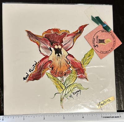 Vintage Hand Painted Orchid Tile Trivet - Madeira Portugal B15