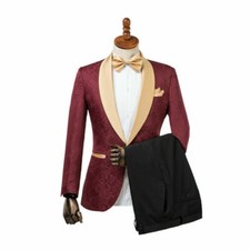 Men's Suit Burgundy Paisley Floral Gold Lapel Blazer Groom Tuxedo Wedding Custom